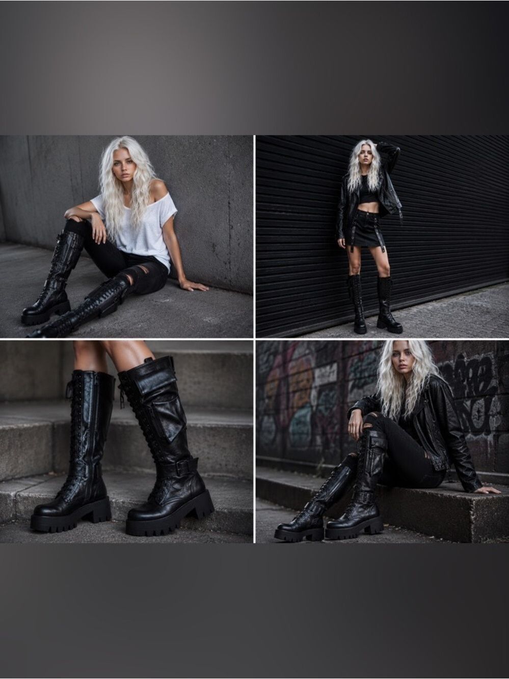 Black Knee High Platform Combat Boots With Cargo Pockets - Picture 9 of 9